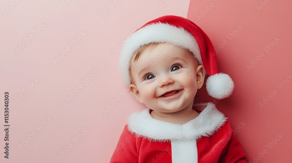 Delightful Baby in Festive Santa Costume on Pastel Background Delightful Baby in Festive Santa Costume on Pastel Background