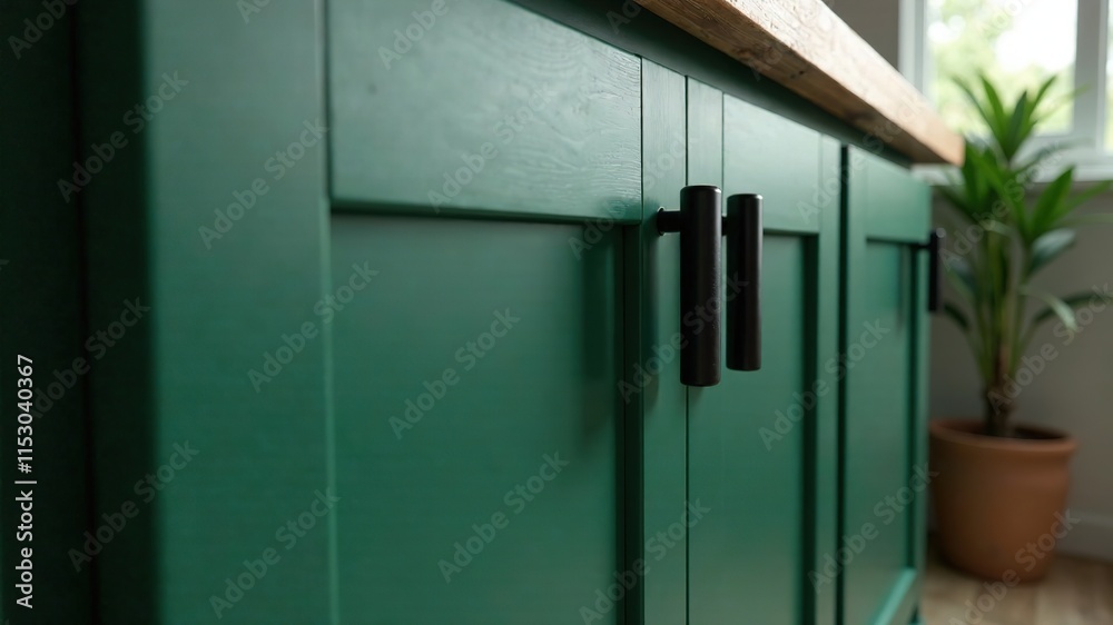 Modern Green Cabinet with Black Handles - Close Up, Wooden Texture, Stylish Design, High Quality Image Modern Green Cabinet with Black Handles - Close Up, Wooden Texture, Stylish Design, High Quality Image