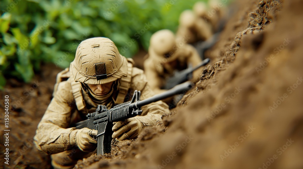 Fototapeta premium Courageous Soldier Crouching in Muddy Trench with Assault Rifle Amid Battlefield