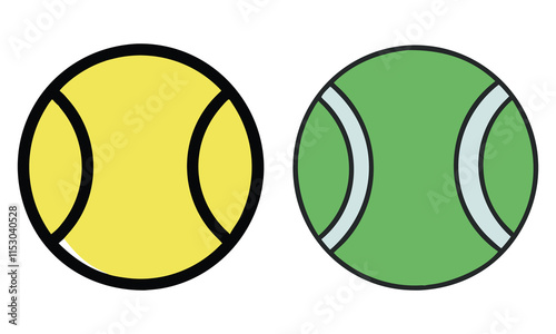 Yellow and Green Tennis Ball Icons, Minimalist vector icons of tennis balls in yellow and green, featuring bold outlines and clean designs, ideal for sports graphics.
