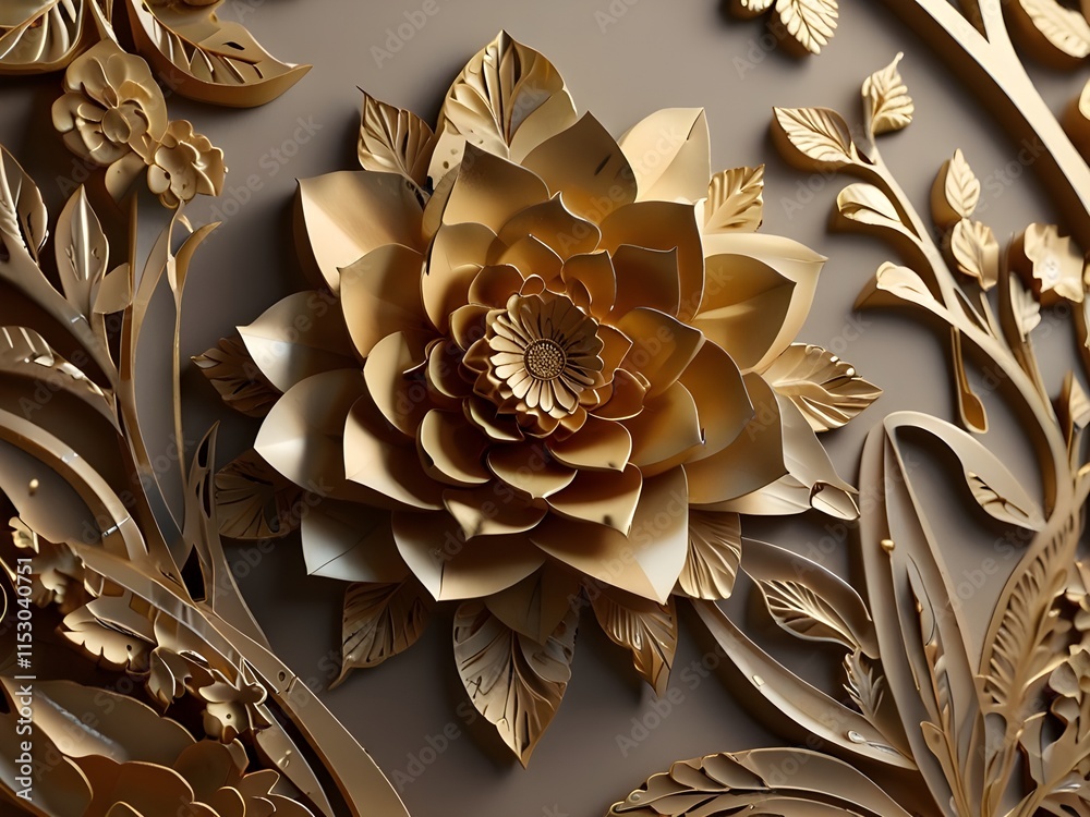 Luxurious Golden Floral Element: Layered Cut-Out Design with 3D Shadows and Highlights Luxurious Golden Floral Element: Layered Cut-Out Design with 3D Shadows and Highlights