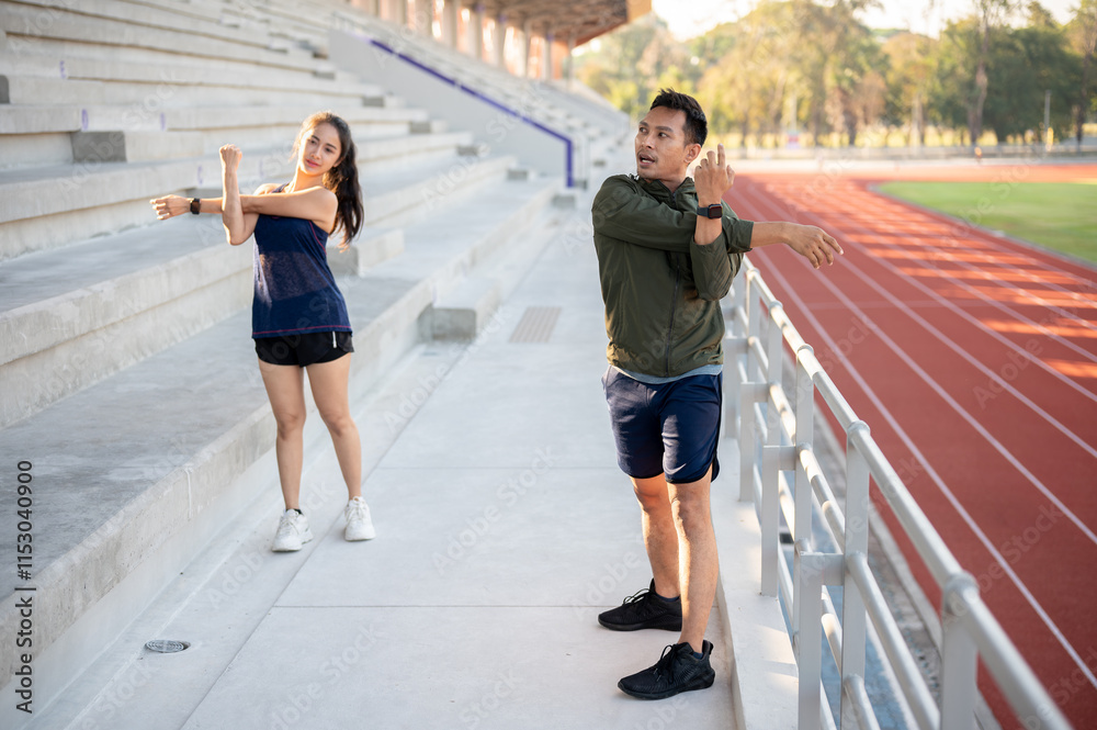 Obraz premium Two Asian friends stretching their body on a stadium, exercising together in the morning.