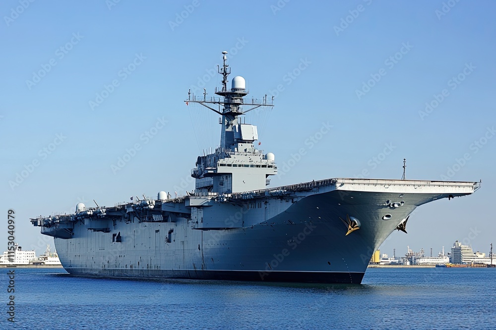 Large military aircraft carrier docked in a harbor. Large military aircraft carrier docked in a harbor.