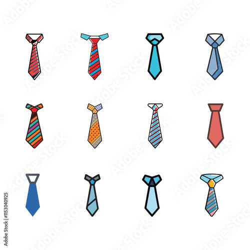 Set of Colorful Neck Tie Vector Icons, A collection of twelve colorful necktie icons in various styles and patterns, ideal for business, fashion, or formal design themes.
