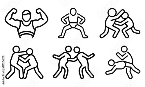 Wrestling and Strength Training Icon Set, A set of six black-and-white outline icons depicting wrestling moves and strength poses, perfect for sports, fitness, and training-themed designs.  
