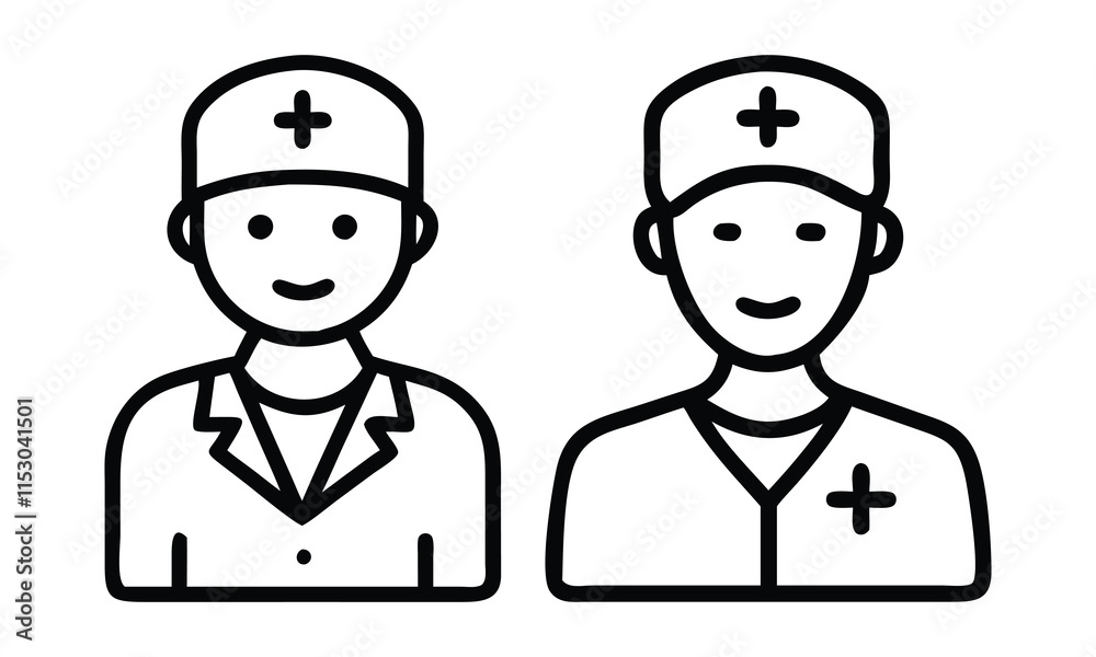 Doctor and Nurse Medical Icon Set, Two black-and-white outline icons depicting a doctor and a nurse wearing medical uniforms, ideal for healthcare, hospital, and medical designs.
Doctor and Nurse Medical Icon Set, Two black-and-white outline icons depicting a doctor and a nurse wearing medical uniforms, ideal for healthcare, hospital, and medical designs.