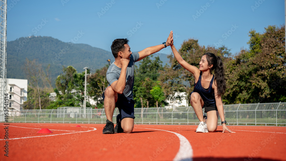 Obraz premium Two runners give high five while getting ready to run on a running track, training at a stadium