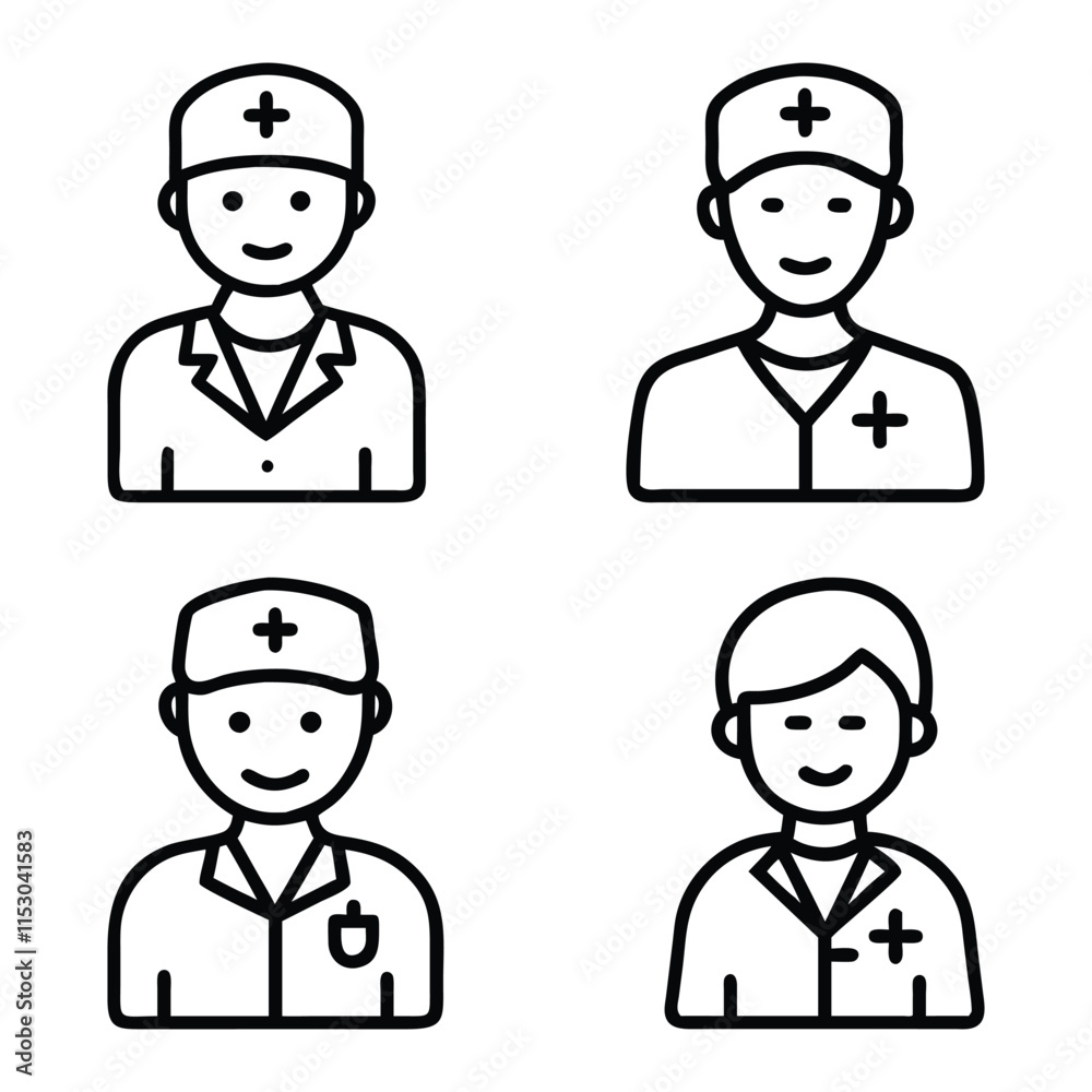 Healthcare Professional Outline Icon Set, A set of four black-and-white outline icons featuring doctors and nurses in medical uniforms, ideal for healthcare, hospital, and medical-themed designs.
Healthcare Professional Outline Icon Set, A set of four black-and-white outline icons featuring doctors and nurses in medical uniforms, ideal for healthcare, hospital, and medical-themed designs.