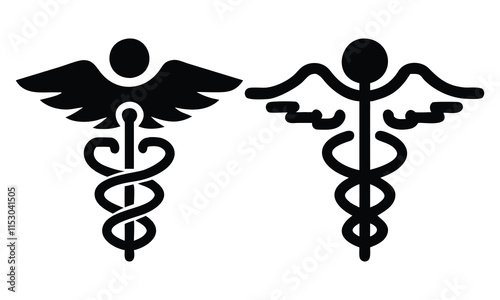 Caduceus Medical Symbol Icon Set, Two black caduceus icons featuring serpents and wings, symbolizing medicine, healthcare, and medical services, ideal for health-related designs.  
