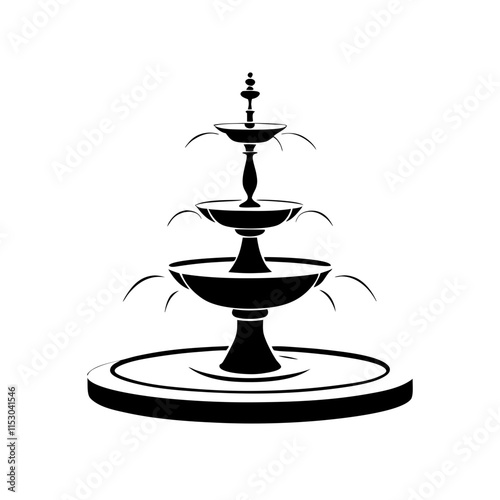 Elegant line drawing of tiered garden fountain with splashing water details