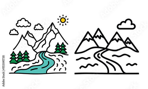 Mountain River Icons with Sun and Clouds, Two colorful mountain landscape icons featuring rivers, trees, clouds, and the sun, ideal for nature, outdoor, and travel-themed designs.  

