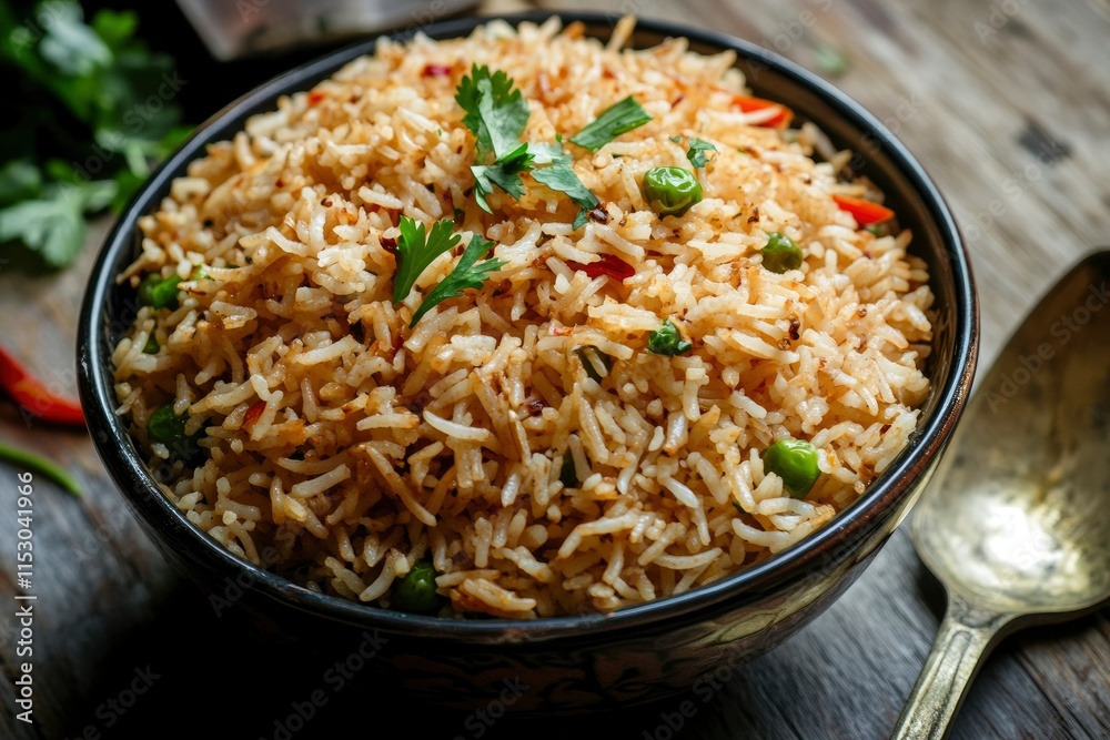 Tasty cooked rice in bowl and spoon on wooden table Tasty cooked rice in bowl and spoon on wooden table