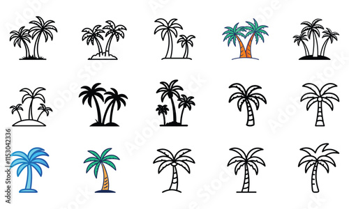 Palm Tree Icon Collection: Outline and Color, A collection of 16 palm tree icons in black-and-white outline and vibrant color styles, perfect for tropical, beach, and travel-themed designs.  
