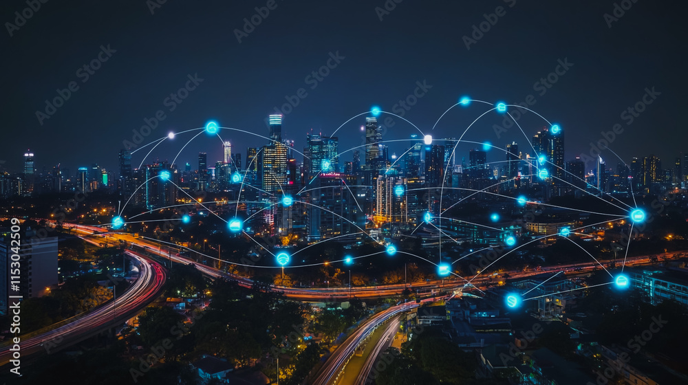 Obraz premium Smart digital city with connection cyber security network reciprocity over the cityscape . future smart wireless digital city and social media networking systems that connects people within the city