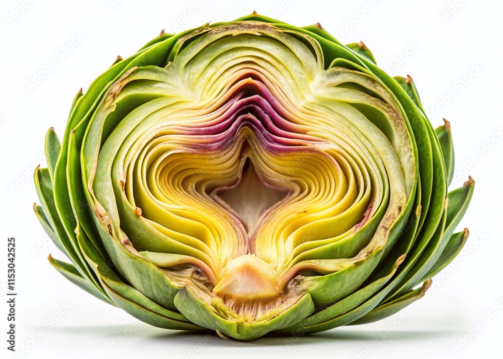 Obraz premium Close-up Macro Shot of Sliced Artichoke Heart Isolated on White Background - Long Exposure Photography