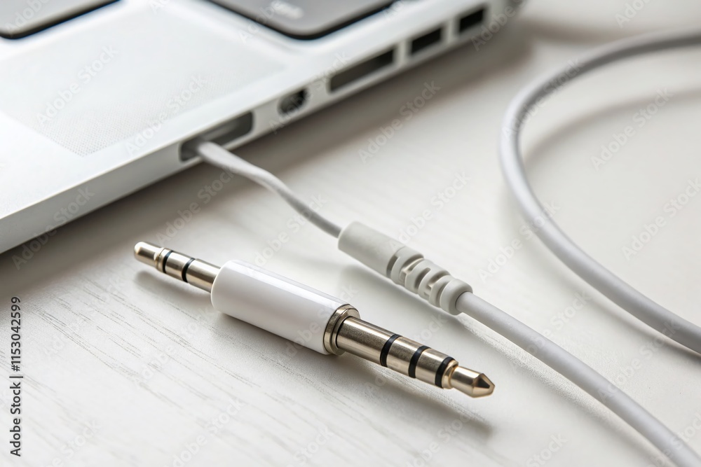 Close-up Minimalist White 3.5mm Audio Jack with Microphone Connector Close-up Minimalist White 3.5mm Audio Jack with Microphone Connector