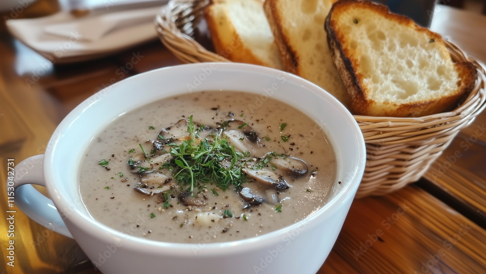 Delicious mushroom soup in a white bowl with a basket of garlic bread on the side on a table, food photography for commercial advertisement, food menu Delicious mushroom soup in a white bowl with a basket of garlic bread on the side on a table, food photography for commercial advertisement, food menu