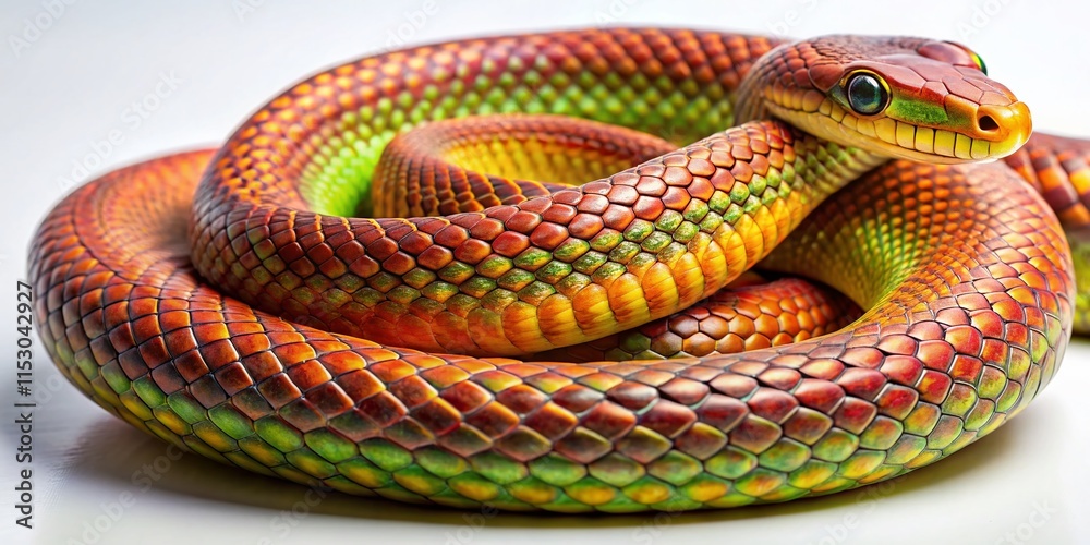 Obraz premium Close-up of a coiled snake on a pristine white background; perfect for reptile, wildlife, or nature-themed projects.