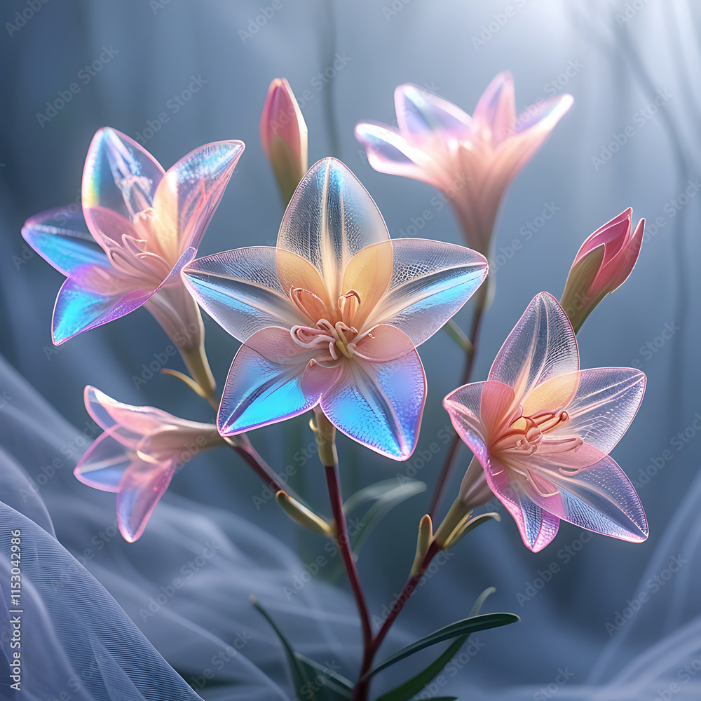 Fototapeta premium A beautiful spectrum of Alstroemerias flowers with delicate, translucent petals illuminated by soft light. Created with generative AI