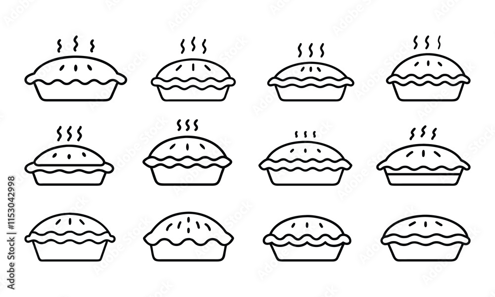 Hot Pie Outline Icon Set, A collection of 12 black-and-white outline icons of steaming pies, perfect for bakery, dessert, food, and cooking-themed design projects.
Hot Pie Outline Icon Set, A collection of 12 black-and-white outline icons of steaming pies, perfect for bakery, dessert, food, and cooking-themed design projects.