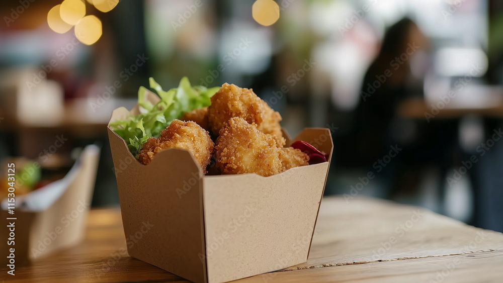 Fototapeta premium brown crispy and delicious chicken nugget in a paper box on a restaurant table