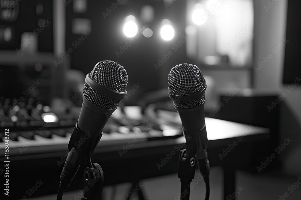 Fototapeta premium Two wireless microphones on the conference table. 