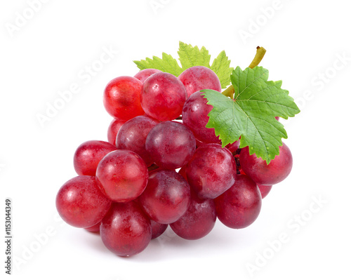 Red grape cluster with leaves isolated on white background. Clipping path. photo