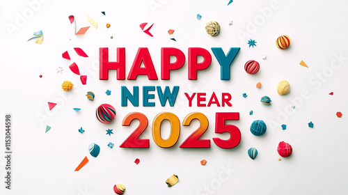 Celebrate 2025 New Year in Style! Elegant Happy New Year Typography Art with Festive Decorations, Perfect for Cards, Posters, and Wall Art! High-Resolution, Vibrant Colors, and Modern Design