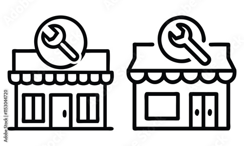 Repair Shop Outline Icon Set, Two black-and-white outline icons of repair shops with wrench symbols, ideal for representing maintenance, service centers, and hardware stores.
