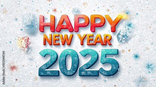 Celebrate 2025 New Year in Style! Elegant Happy New Year Typography Art with Festive Decorations, Perfect for Cards, Posters, and Wall Art! High-Resolution, Vibrant Colors, and Modern Design