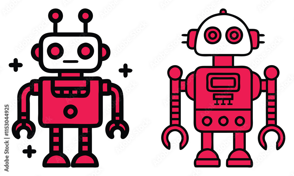 Pink Robot Character Icon Set, Two pink robot icons with playful designs and mechanical features, ideal for technology, AI, robotics, and futuristic creative projects.
Pink Robot Character Icon Set, Two pink robot icons with playful designs and mechanical features, ideal for technology, AI, robotics, and futuristic creative projects.