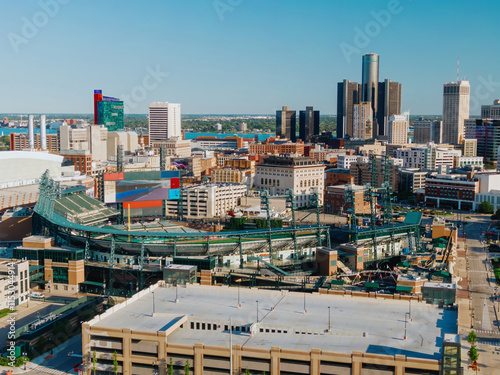 Aerial view of Comerica Park, Detroit, Michigan, with surrounding city skyline. Baseball stadium and urban landscape. Beautiful day. DOWNTOWN, DETROIT, MICHIGAN, UNITED STATES photo