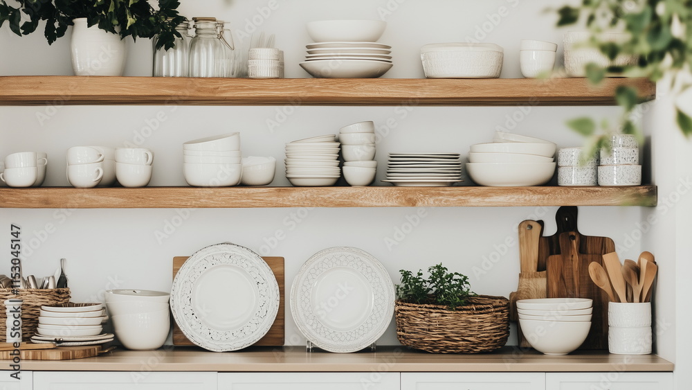 White ceramic plate arrange and stack neatly in a open kitchen shelf, well organised kitchen shelf White ceramic plate arrange and stack neatly in a open kitchen shelf, well organised kitchen shelf