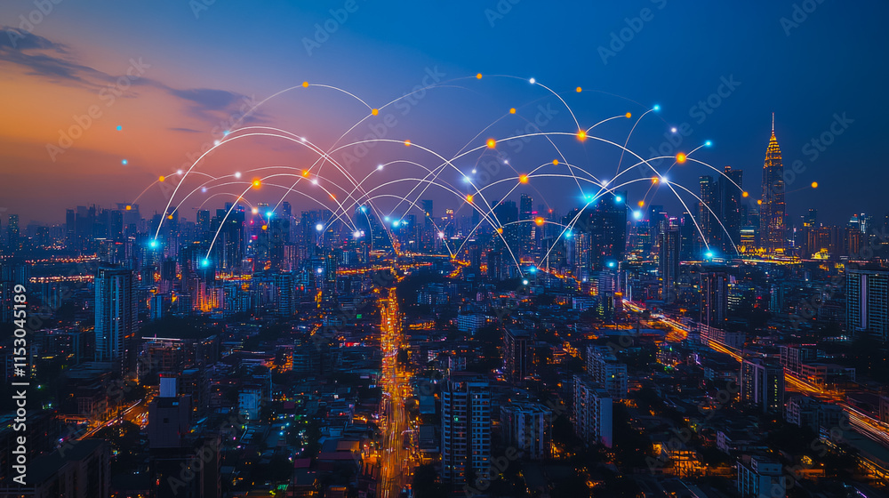 Smart digital city with connection cyber security network reciprocity over the cityscape . future smart wireless digital city and social media networking systems that connects people within the city Smart digital city with connection cyber security network reciprocity over the cityscape . future smart wireless digital city and social media networking systems that connects people within the city