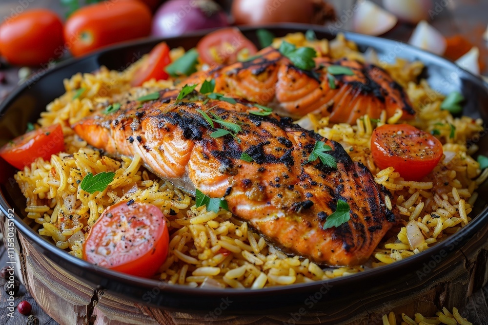 Grilled Salmon with Rice and Tomatoes Grilled Salmon with Rice and Tomatoes
