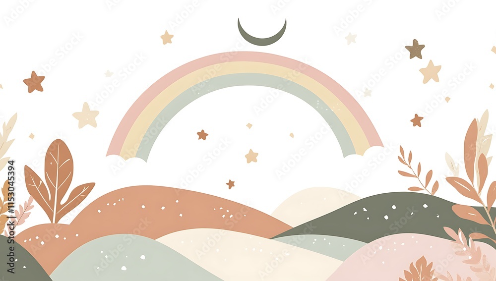 Naklejka premium Pastel rainbow, stars, moon, and rolling hills landscape illustration.