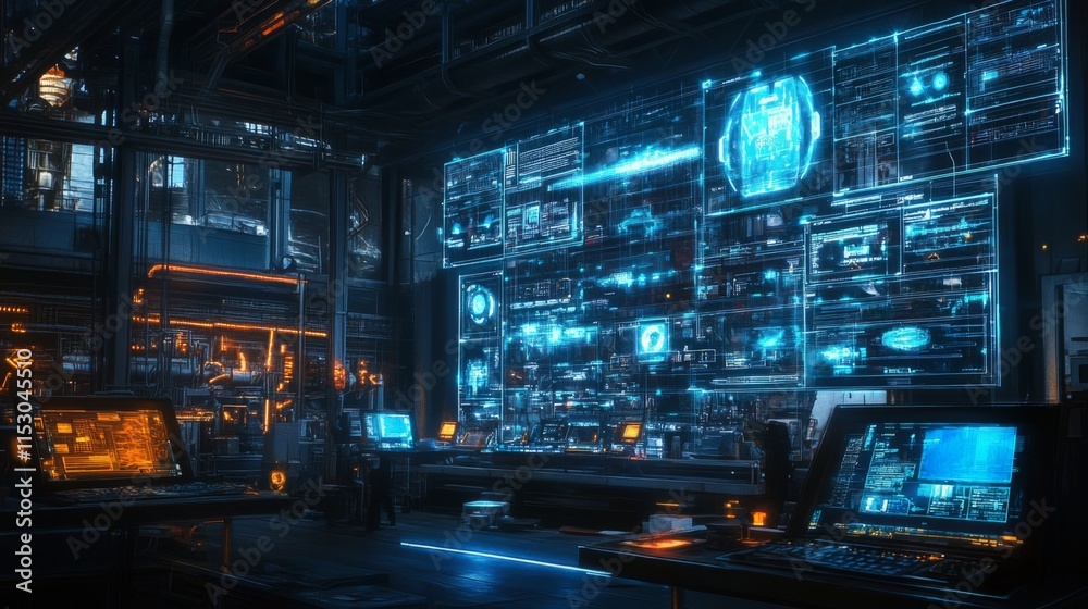 Futuristic control room with holographic displays and workstations. Futuristic control room with holographic displays and workstations.