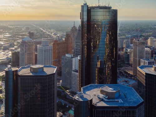 Aerial view of Detroit's skyline at sunset. GM Center, a prominent skyscraper, is featured. Urban landscape. GMRENCEN, DETROIT, MICHIGAN, UNITED STATES