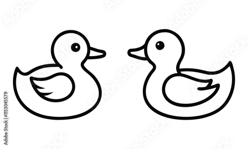 Minimal Rubber Duck Outline Icons, Two simple black-and-white outline icons of rubber ducks, perfect for minimalist, children’s, or aquatic-themed graphic designs.
