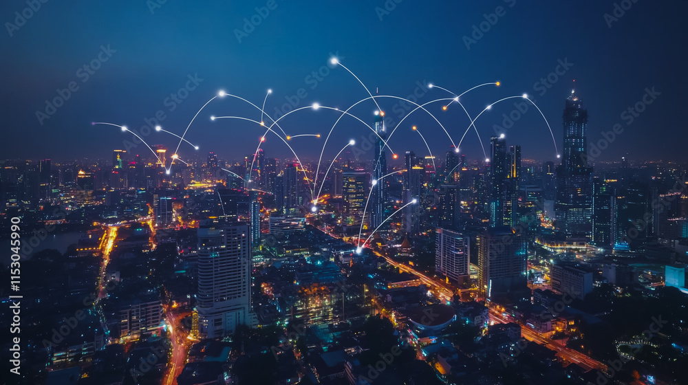 Fototapeta premium Smart digital city with connection cyber security network reciprocity over the cityscape . future smart wireless digital city and social media networking systems that connects people within the city