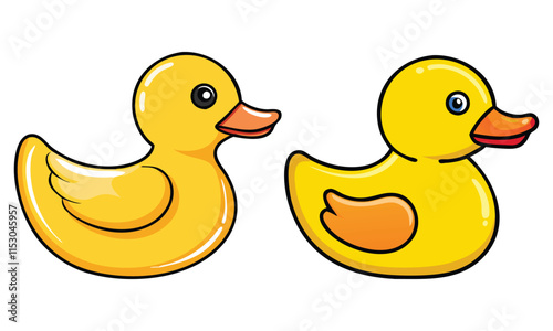 Rubber Duck Vector Illustrations, Two bright yellow rubber duck icons with glossy designs, perfect for toys, children’s themes, or bathroom decor projects.
