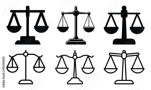 Scales of Justice Icon Collection, A collection of nine black-and-white scales of justice icons in various styles, perfect for law, balance, and legal-themed designs.
