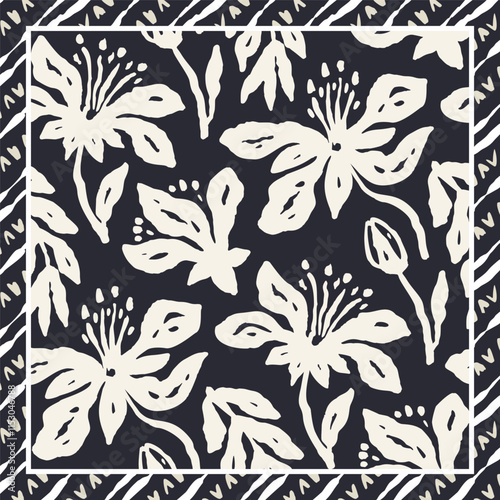 Monochrome black and white brush strokes inky flowers scarf or bandana design. Abstract floral contemporary minimalist background.