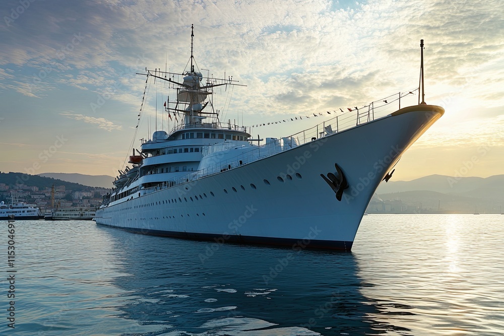 Luxury yacht docked at sunset in a serene harbor. Luxury yacht docked at sunset in a serene harbor.