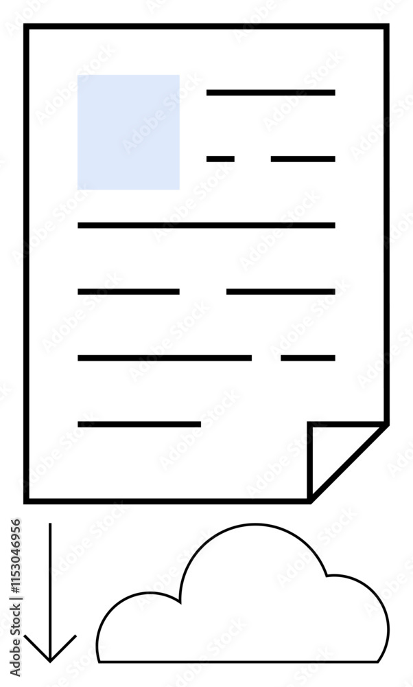 Document with text and image highlighted, accompanied by a downward arrow pointing to a cloud. Ideal for cloud storage, document transfer, digital organization, data backup, online sharing, file Document with text and image highlighted, accompanied by a downward arrow pointing to a cloud. Ideal for cloud storage, document transfer, digital organization, data backup, online sharing, file