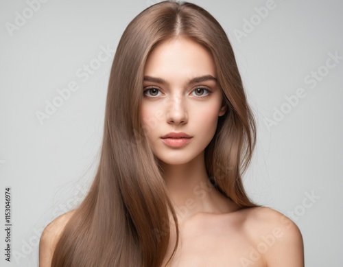 Portrait of a beautiful young woman with clean, fresh skin and long, thick hair. ai generator