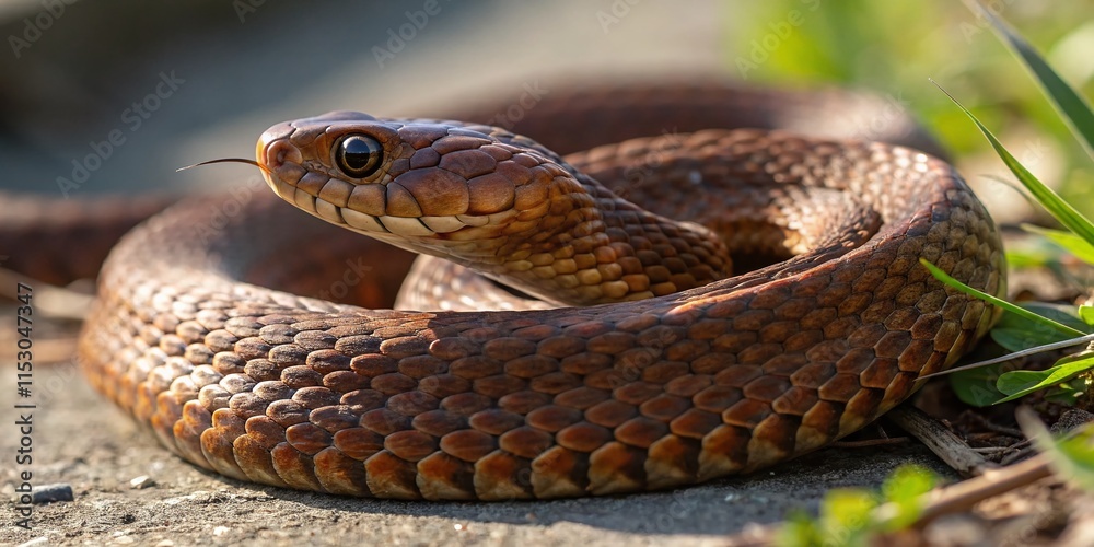 Coiled Brown Snake, High-Detail Close-Up, Reptile, Wildlife, Nature Photography Coiled Brown Snake, High-Detail Close-Up, Reptile, Wildlife, Nature Photography