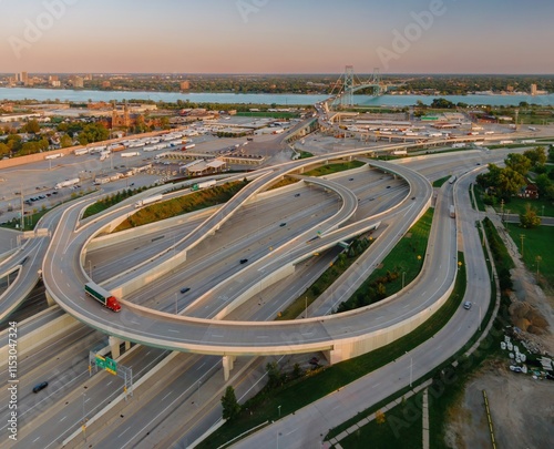 Aerial view of complex highway interchange, border crossing, and city.  US CUSTOMS AND BORDER PROTECTION - INSPECTION FACILITY, DETROIT, MICHIGAN, UNITED STATES