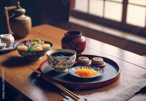 Japanese food close-up at the Japanese-style restaurant.  Generative AI	