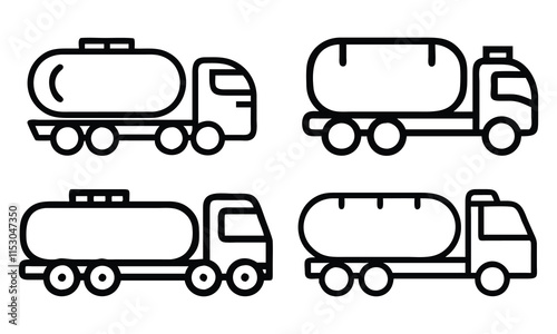 Tanker Truck Vector Icon Set, Four vector icons of tanker trucks in outline style, ideal for transportation, logistics, fuel, or industrial-themed designs.
